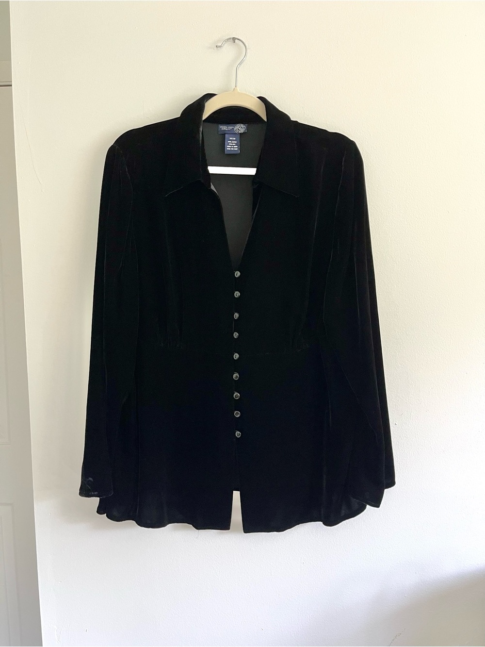 Venezia Velvet Silk Blend Plus Size Dark Black Button-Front Women's Blouse Top